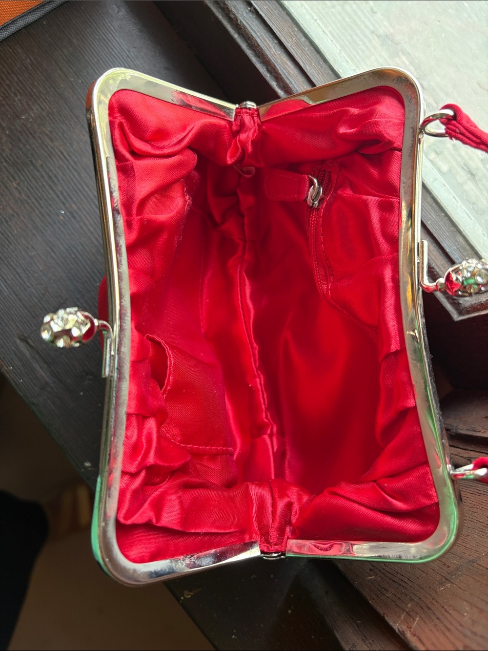 Red Gathered Satin Frame Handbag - Picture 3 of 4